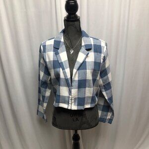 Stoosh by 26 Blue White Plaid Cropped Jacket Womens Size XL Lightweigt Casual